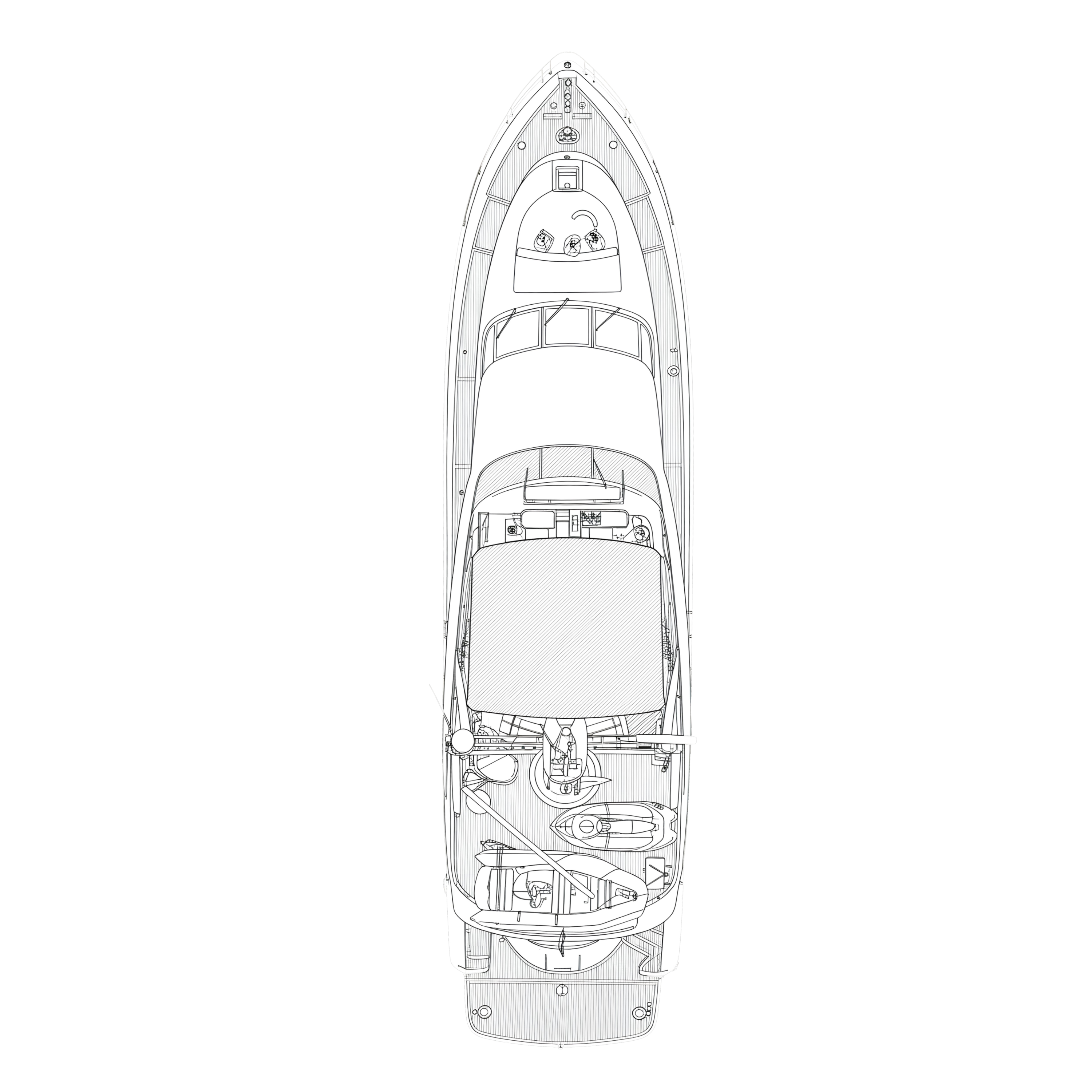 Blueprint layout of a private jet interior showing seats, a bed, tables, and sinks.